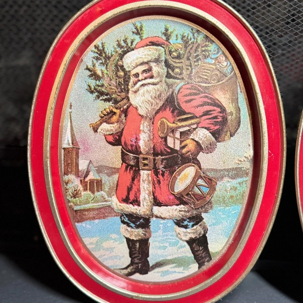Vintage Santa Claus Father Christmas Oval Metal Tin Serving Trays Set of 2 Red
